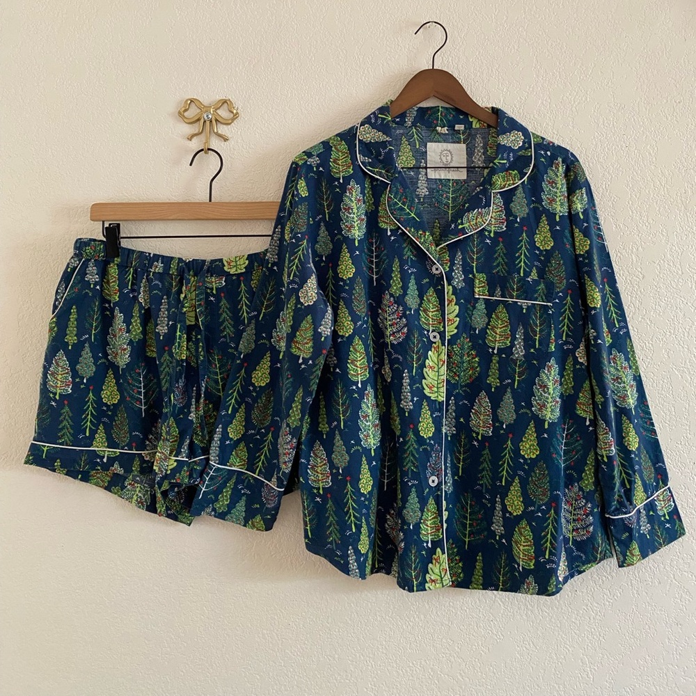 Print Fresh Twinkling Trees - Flannel Shorts PJ Set - Indigo Women’s Size M